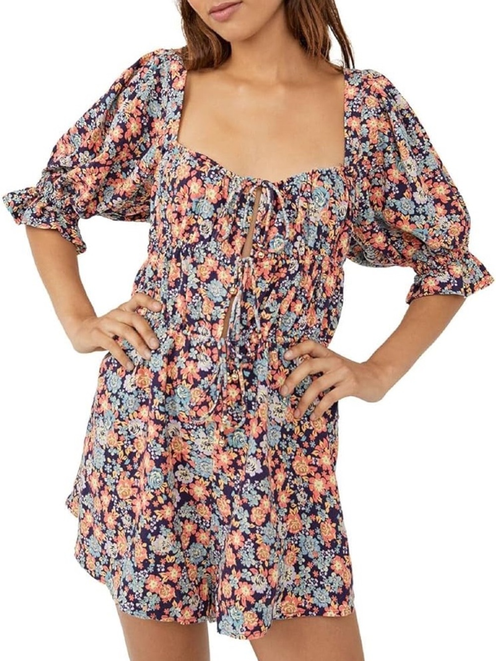 ☀️Free People Show Me Love Romper Linen Boho Puff Sleeve Navy Size XS NWT